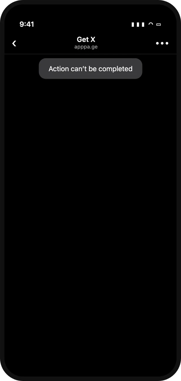 TikTok's in-app browser on iPhone showing "Action can't be completed" over a blank page after tapping an App Store link