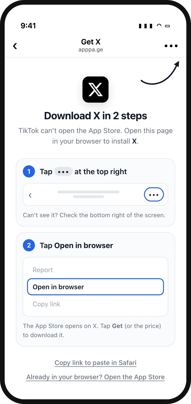 AppPage's TikTok page for X on iPhone, showing Download X in 2 steps with pictures of each tap