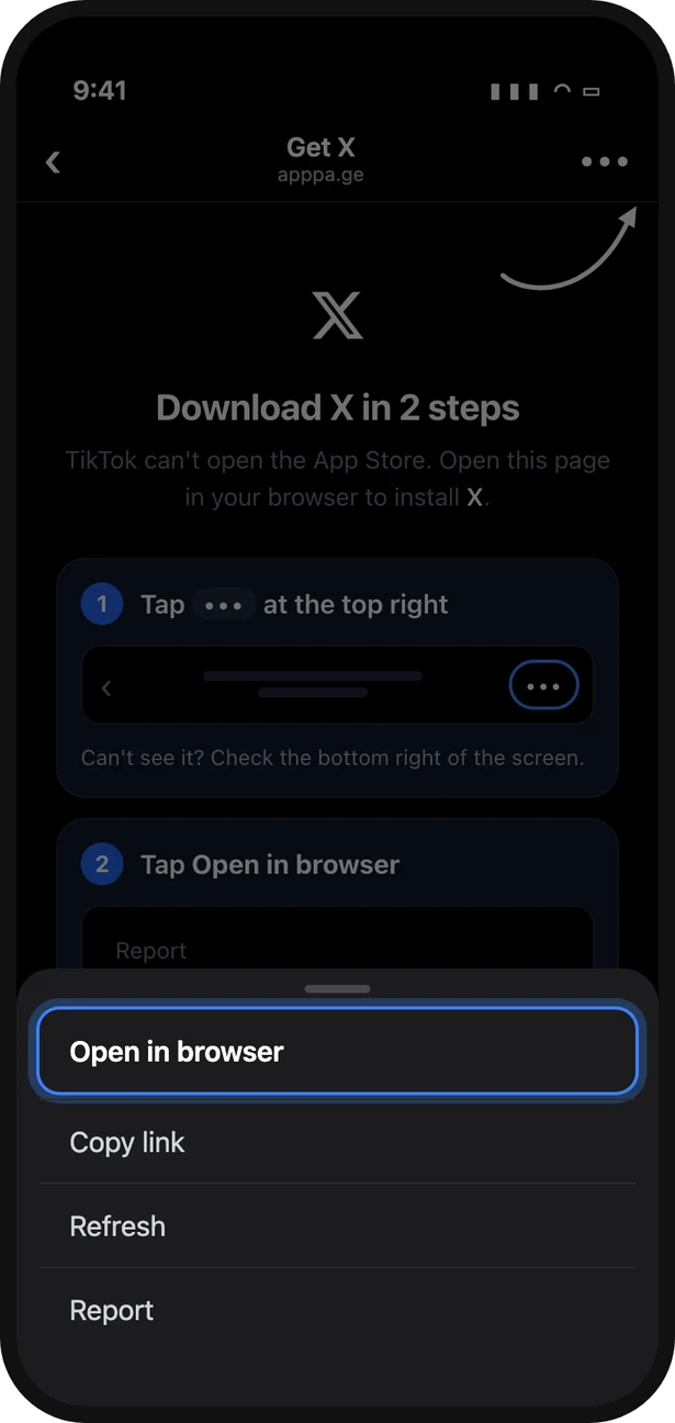 TikTok's in-app browser menu open with Open in browser highlighted